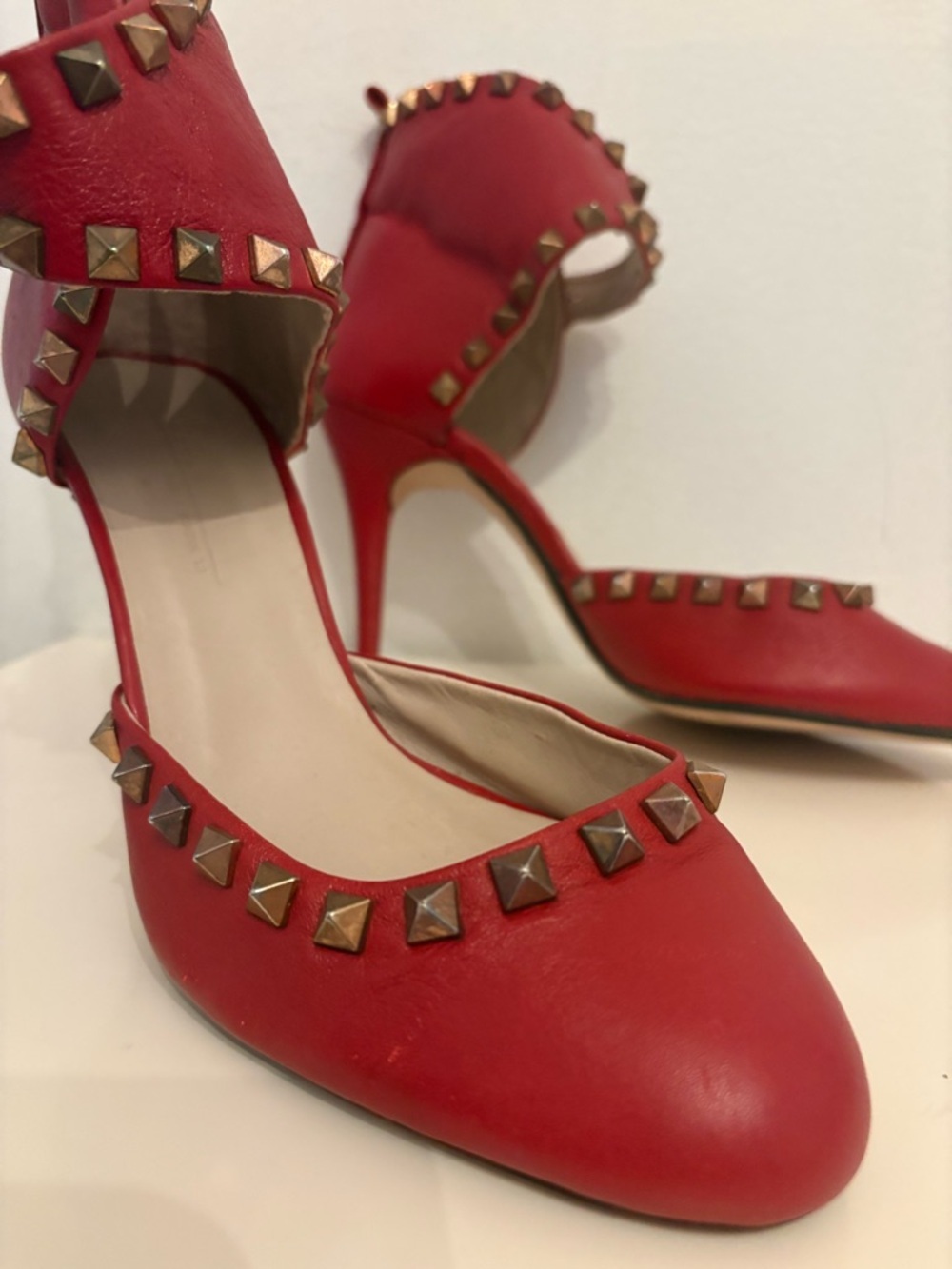 Zara Red Studded Ankle-Strap Pointed Heels - Picture 2 of 5